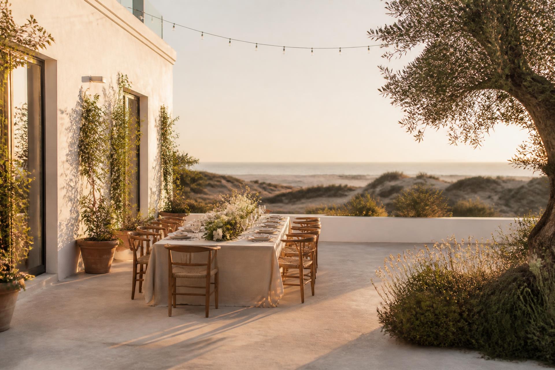 A Mediterranean wedding website template shown on a warm ivory background